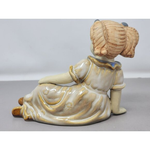 Vintage Handcrafted Ceramic Girl Figurine Dress Pigtails Blue Bow & Brown Shoes‎ - Picture 3 of 11